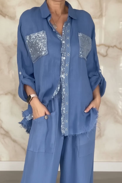 New Fashion Casual Women's Set with Pocket Placket and Gold Embellished Round Neck Design 