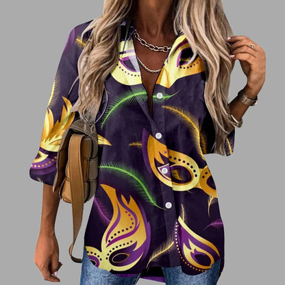 🎭 Mardi Gras Women's V-Neck Long Sleeve Carnival Print Shirt