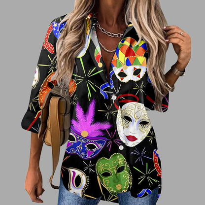 🎭 Mardi Gras Women's V-Neck Long Sleeve Carnival Print Shirt