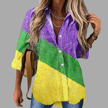 🎭 Mardi Gras Women's V-Neck Long Sleeve Carnival Print Shirt