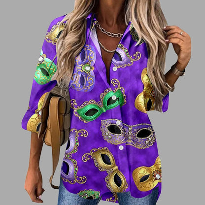 🎭 Mardi Gras Women's V-Neck Long Sleeve Carnival Print Shirt