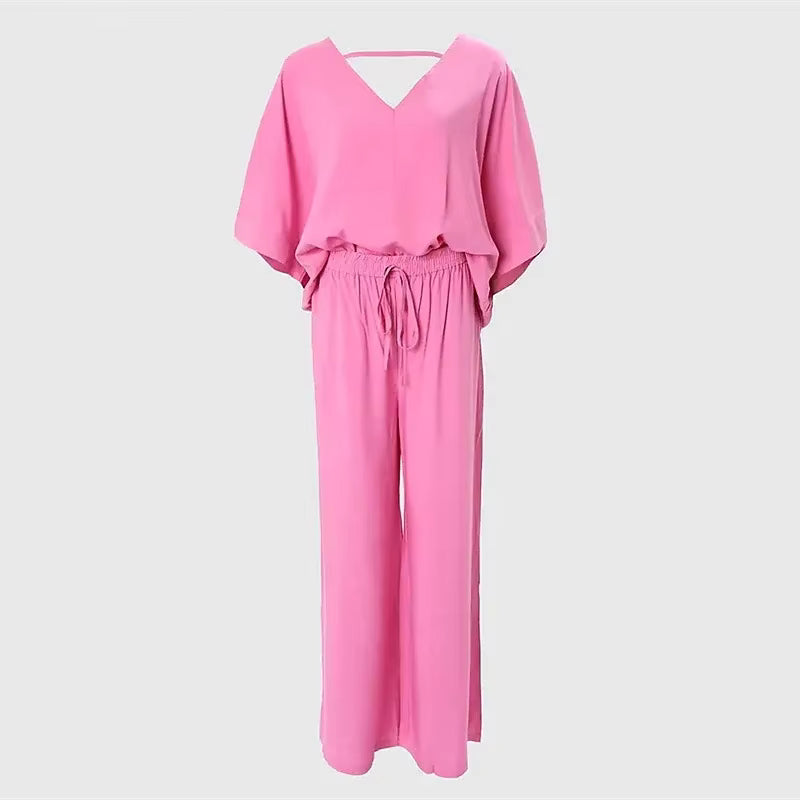 Women's V-Neck Batwing Top & Drawstring Wide-Leg Pants Two-Piece Set
