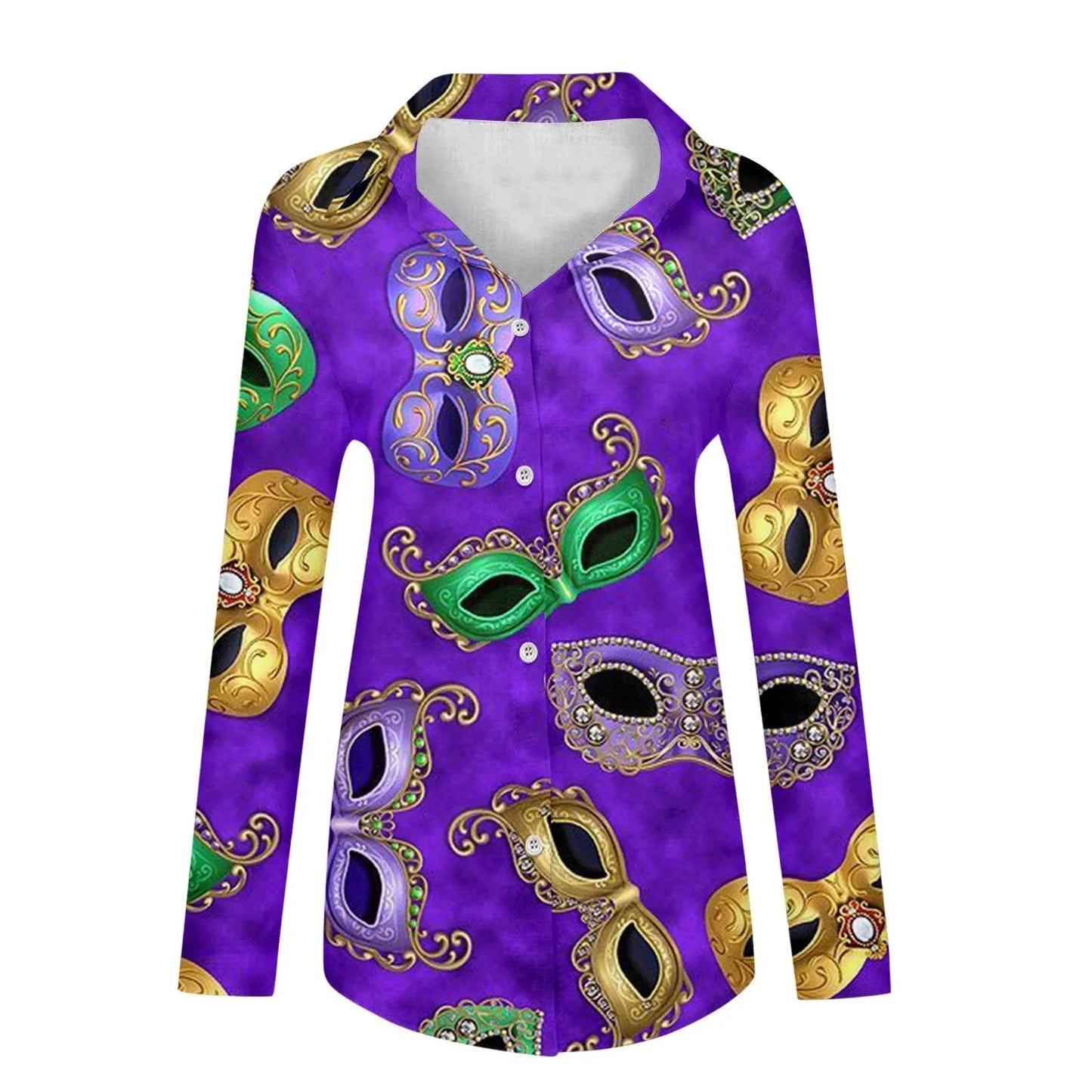 🎭 Mardi Gras Women's V-Neck Long Sleeve Carnival Print Shirt