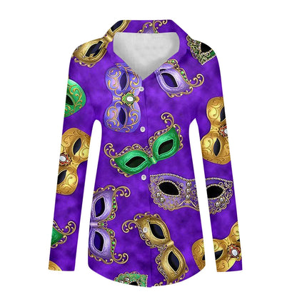 🎭 Mardi Gras Women's V-Neck Long Sleeve Carnival Print Shirt
