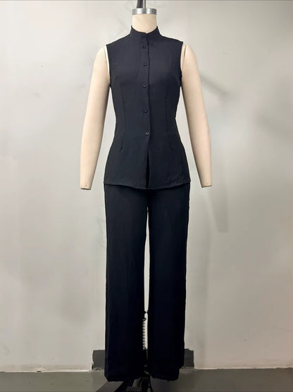 Women's Stand Collar Longline Vest Top & Wide-Leg Trousers Two-Piece Set