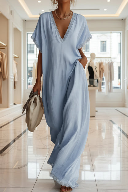 European And American Style Casual Elegant Comfortable Lace-trimmed Loose Linen Cotton Long Dress 