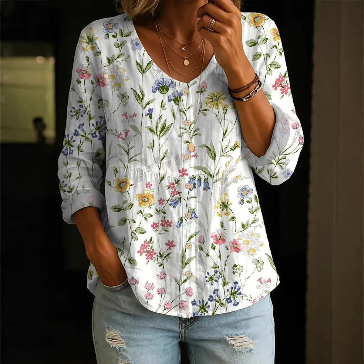 Women's Plus-Size Printed Cardigan – Boho Loose Fit 3/4 Sleeve Top