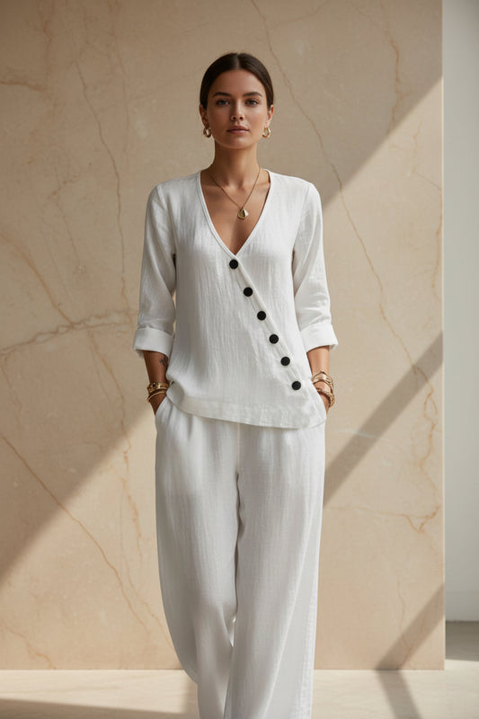 Loose-fitting V-neck Cross-over Shirt And Wide-leg Pants 