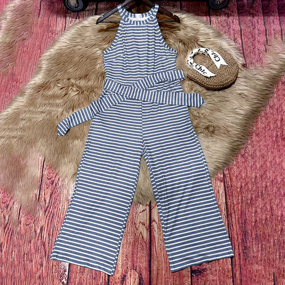 Casual Striped Jumpsuits Summer Cap Sleeve Wide Leg Jumper CJ US