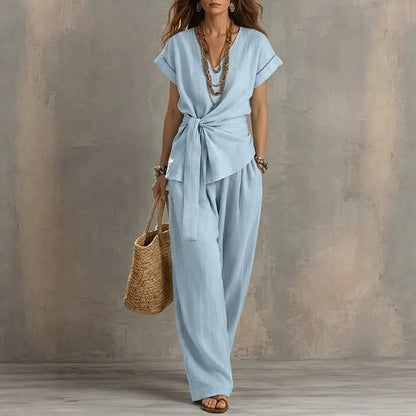 Women's V-Neck Short-Sleeve Top & Pants Two-Piece Set