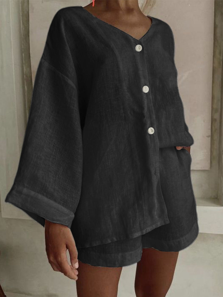 Women's Cotton Linen Shirt & Shorts Set