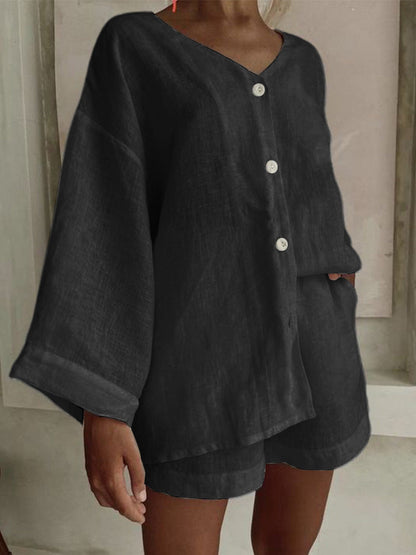 Women's Cotton Linen Shirt & Shorts Set