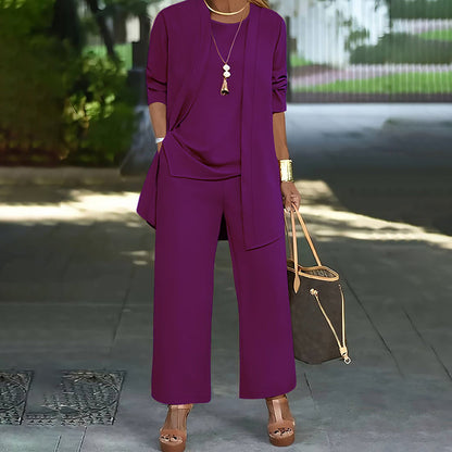 Women's Plus Size 3-Piece Lounge Set – Cardigan, Vest & Wide-Leg Pants