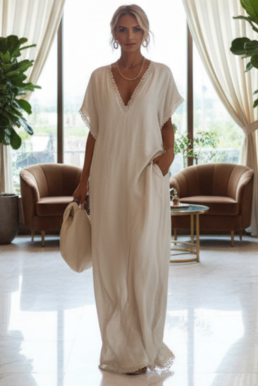 European And American Style Casual Elegant Comfortable Lace-trimmed Loose Linen Cotton Long Dress 