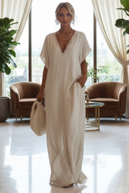 European And American Style Casual Elegant Comfortable Lace-trimmed Loose Linen Cotton Long Dress 