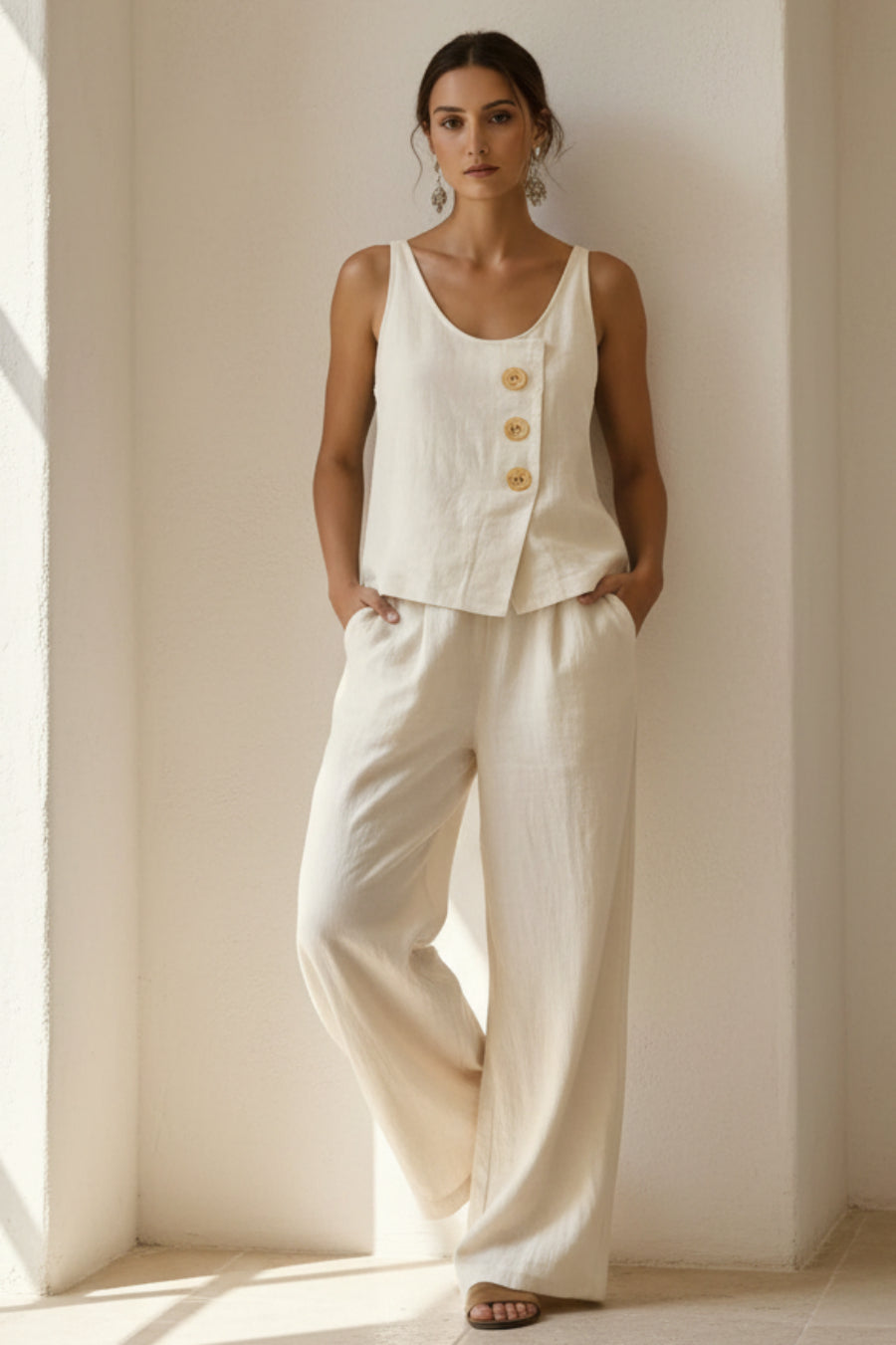 Women's Cotton Linen Sleeveless Tank Top & Pants Two-Piece Set 