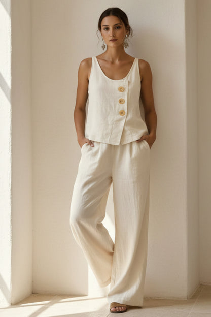 Women's Cotton Linen Sleeveless Tank Top & Pants Two-Piece Set 