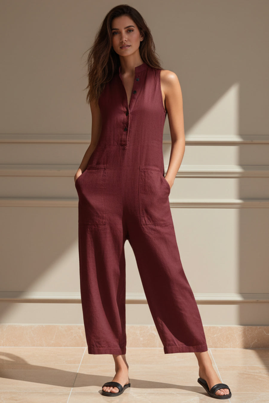 Casual Womens Buttoned Stand Collar Sleeveless Loose Jumpsuit 