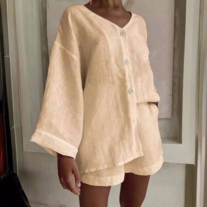 Women's Cotton Linen Shirt & Shorts Set