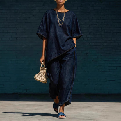 Women's Denim-Style Knit Top & Wide-Leg Pants Set – Casual 2-Piece