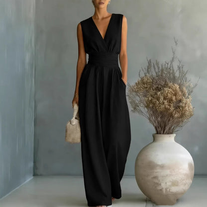 Women's Elegant V-Neck Sleeveless Jumpsuit – Waist-Cinching Straight Leg