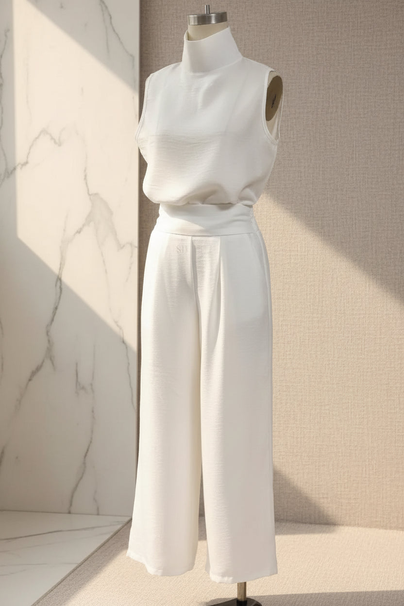 Women's Linen-Style Two-Piece Set – V-Neck Top & Wide-Leg Pants