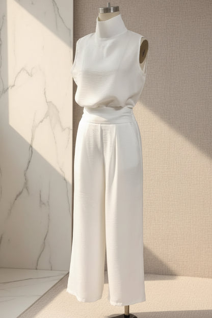 Women's Linen-Style Two-Piece Set – V-Neck Top & Wide-Leg Pants
