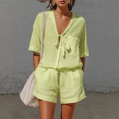 Women's Lace-Up Short-Sleeve Shirt & Loose Shorts Set – Casual Summer Co-Ord