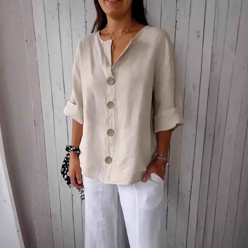 Women's V-Neck Buttoned Blouse – Relaxed Fit, 12 Colors
