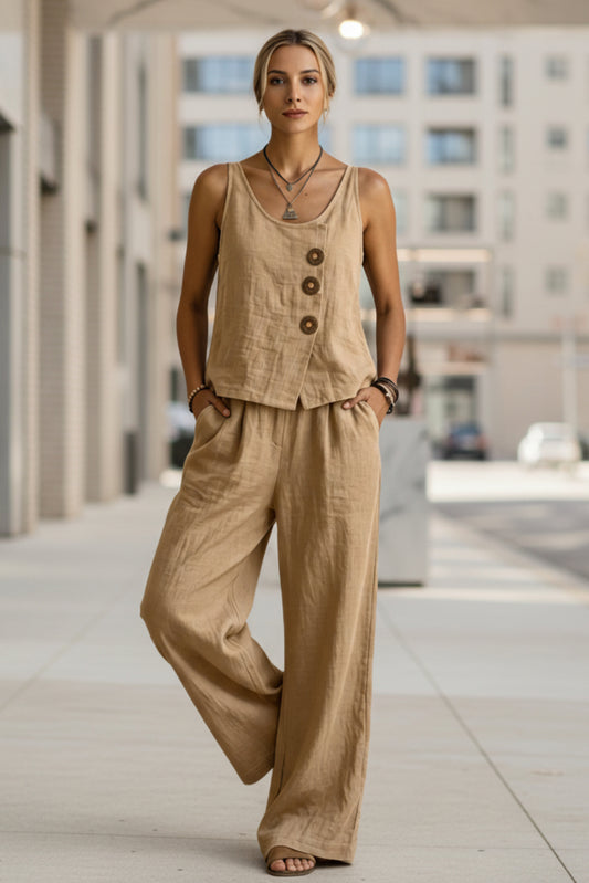 Women's Sleeveless Tank Top & Pants Two-Piece Set – Relaxed Casual Linen Style