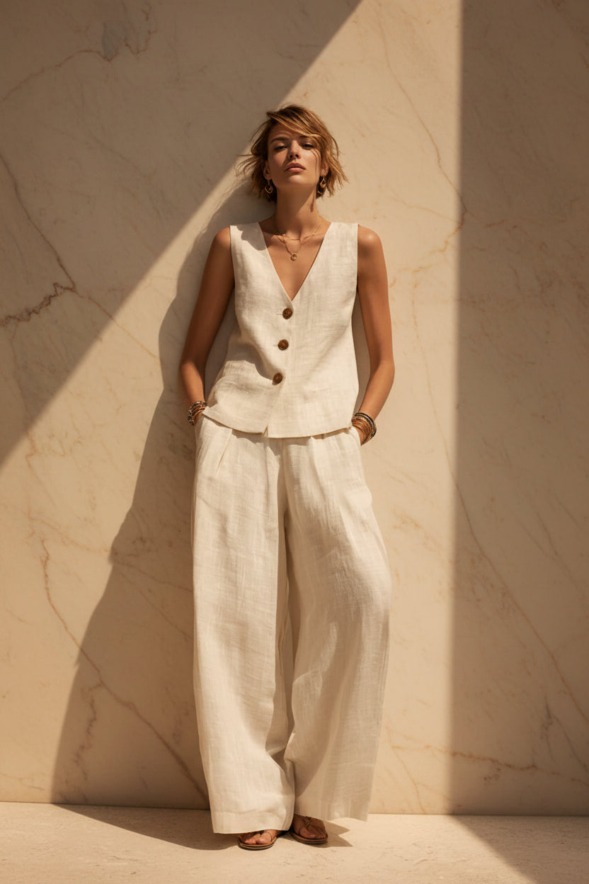 Linen Blend V-Neck Buttoned Vest & High-Waist Wide-Leg Pants Set