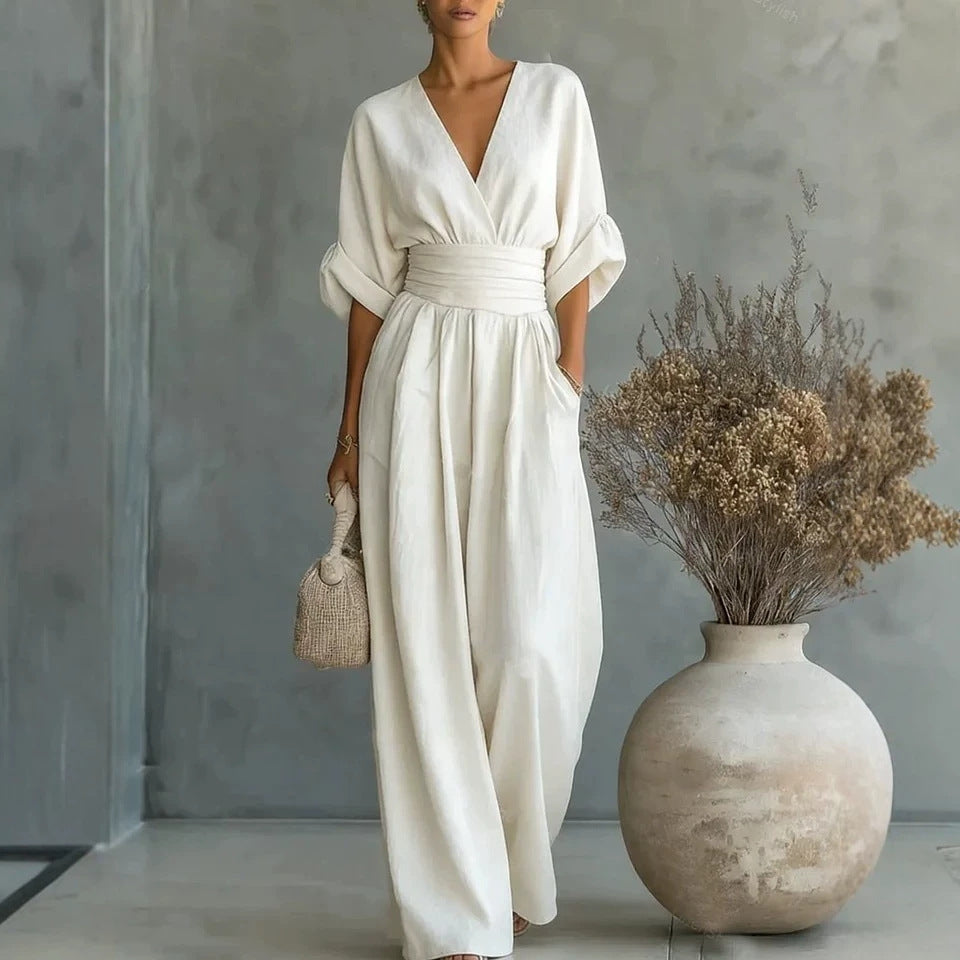 Summer Short-sleeved Jumpsuit Fashion Casual V-Neck Wide-Leg Pants Womens Clothing 