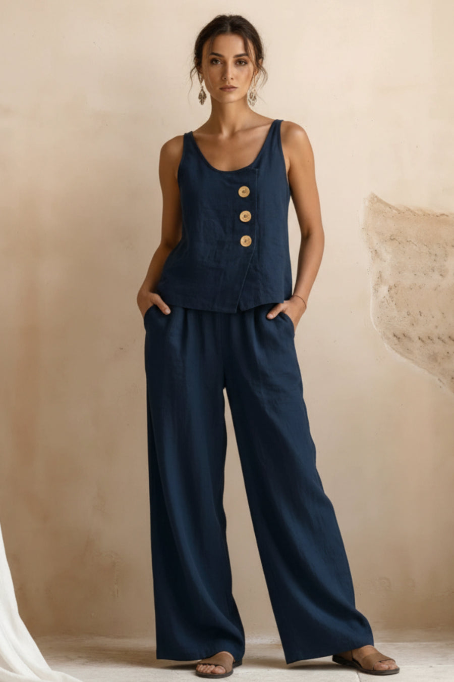 Women's Cotton Linen Sleeveless Tank Top & Pants Two-Piece Set 