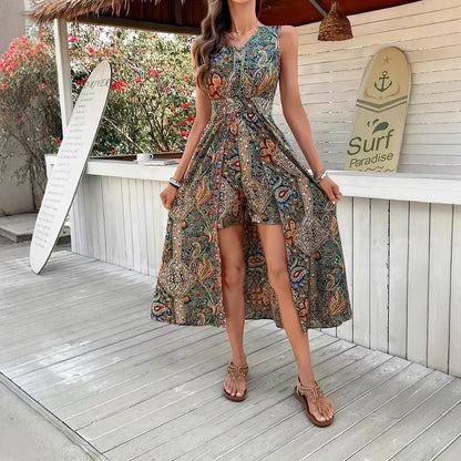 Summer Vacation Casual Chic Fashion Womens Printed V-Neck Sleeveless Jumpsuit 