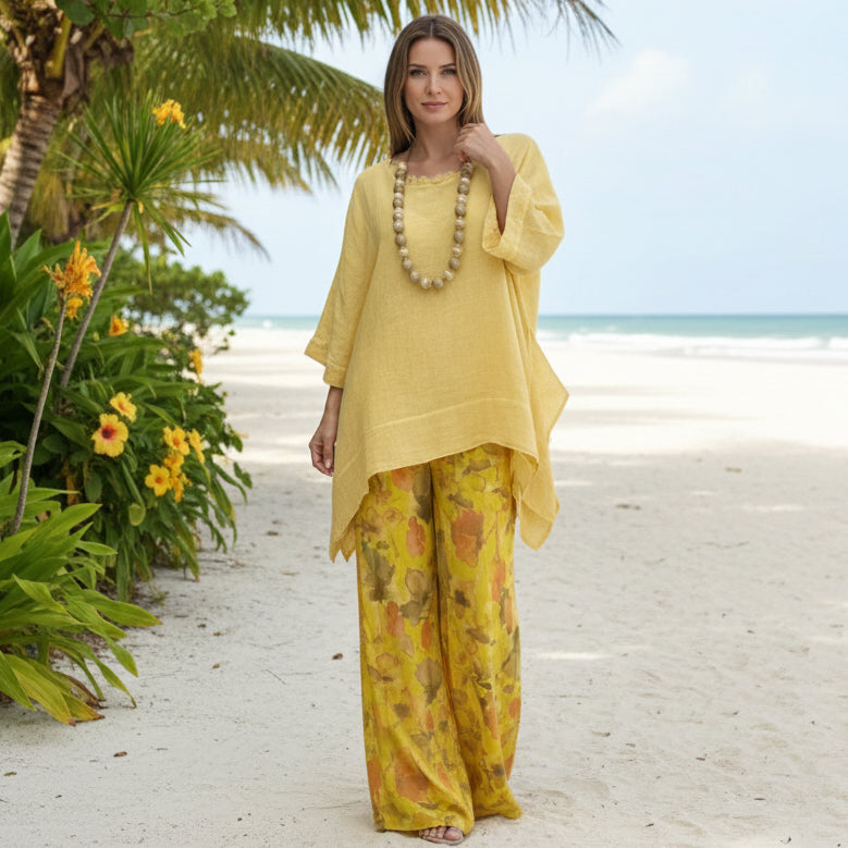 Irregular Hem Drop-Shoulder Top & Wide-Leg Pants Set