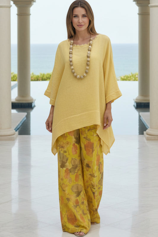 Womens Casual Cotton-Linen Irregular Top And Wide-Leg Pants Set 
