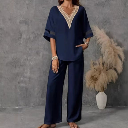 Women's Embroidered V-Neck Top & Wide-Leg Pants Set