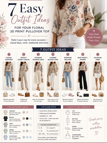 Women's Floral 3D Print Pullover Top – Loose Fit Elegant Casual S to 3XL