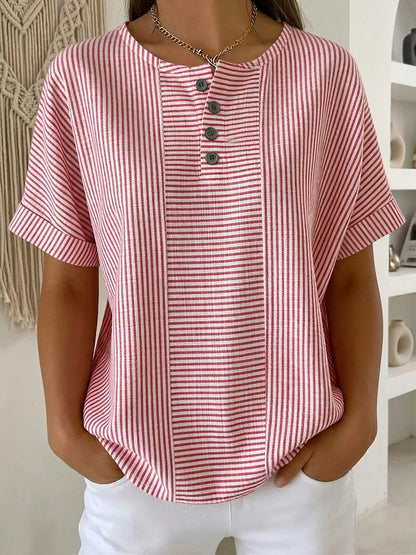Women's Striped T-Shirt – V-Neck, Button Detail, Loose Fit