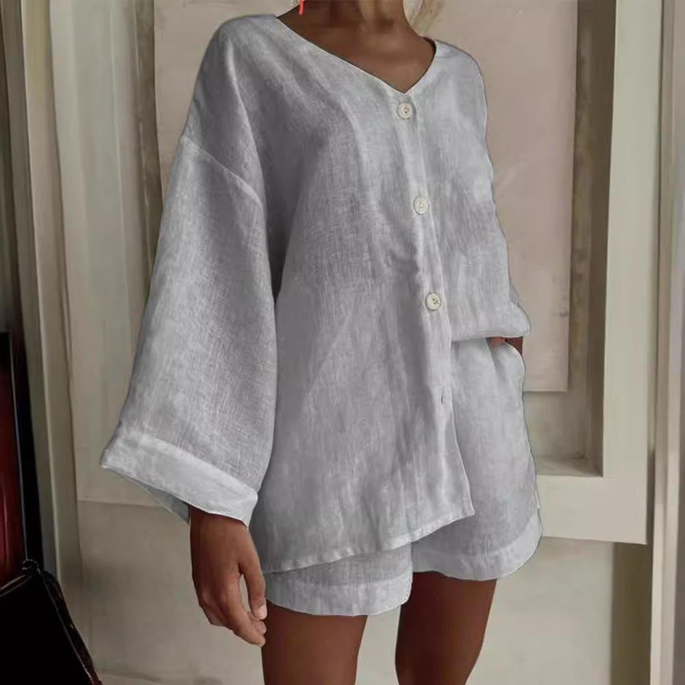 Women's Cotton Linen Shirt & Shorts Set
