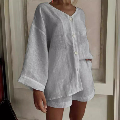 Women's Cotton Linen Shirt & Shorts Set
