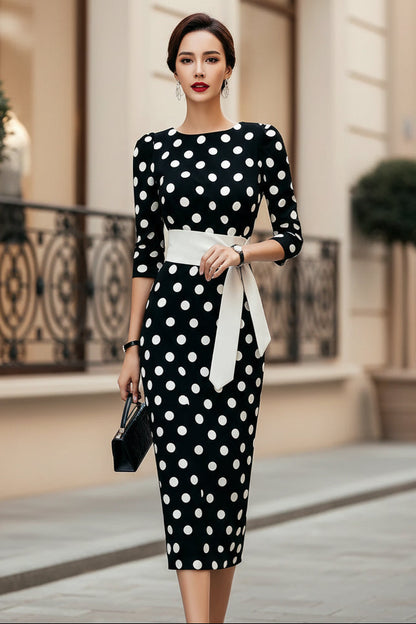Retro Polka-dot Navy Blue Belted Waist-hugging Elegant Dress 