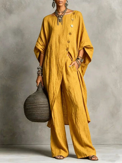 Women's Drop Shoulder Three-Quarter Sleeve Irregular Shirt & Pants Set