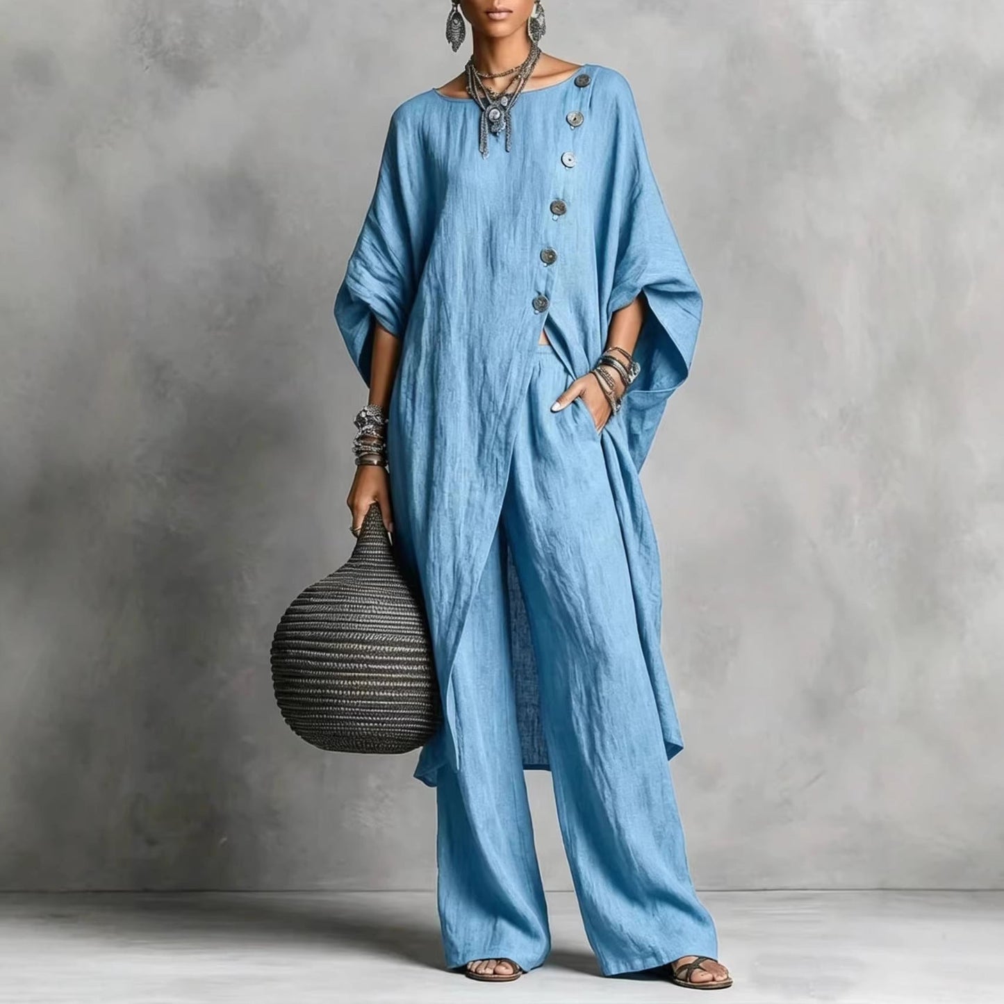 Women's Drop Shoulder Three-Quarter Sleeve Irregular Shirt & Pants Set