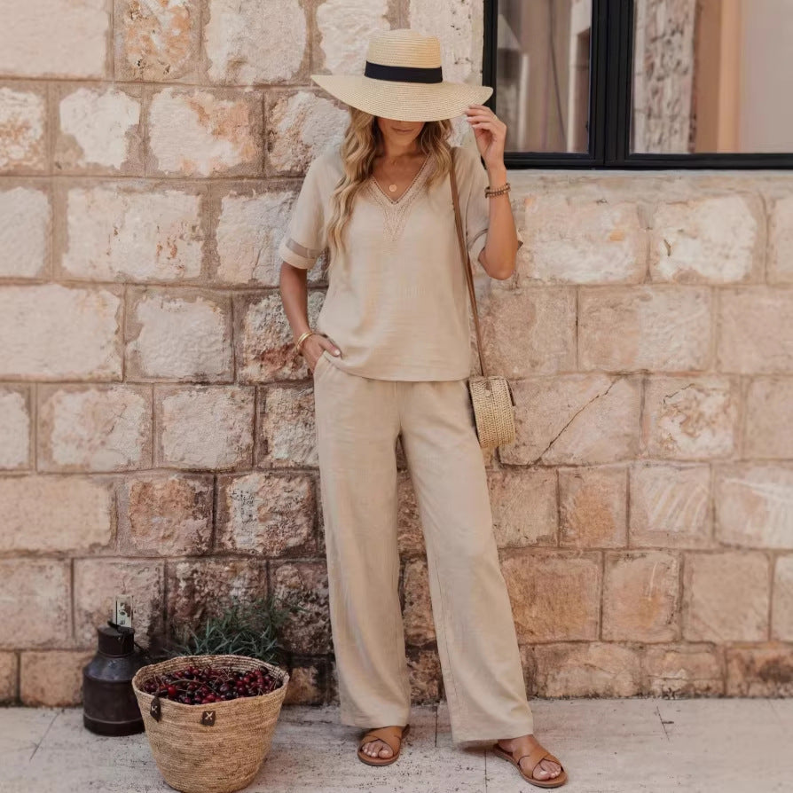 Women's Embroidered V-Neck Top & Wide-Leg Pants Set
