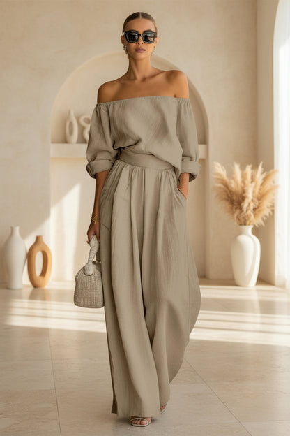 Casual Two-Piece Womens Outfit Off-Shoulder Top And Wide-Leg Pants Set 
