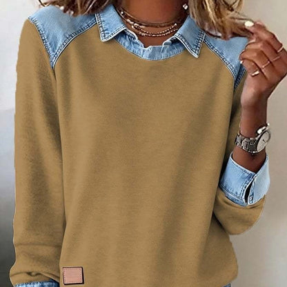 Denim Collar Patchwork Pullover Knitwear Top – Women’s Street Style