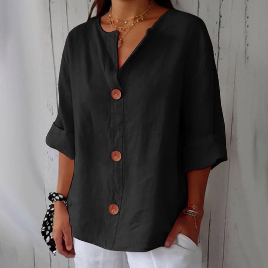 Women's V-Neck Buttoned Blouse – Relaxed Fit, 12 Colors