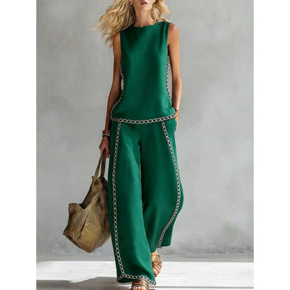 Printed Retro Sleeveless Top & Wide-Leg Pants Set | 12 Prints S–5XL