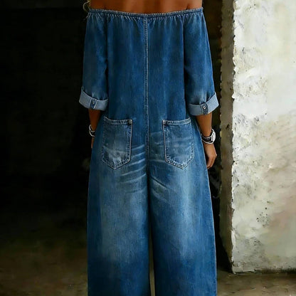 Women's Off-Shoulder Washed Faux Denim Strap Overalls Jumpsuit